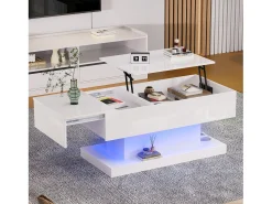 Mesa de centro com tampo elevatório, acabamento brilhante, iluminação LED e espaço de arrumação - Branco