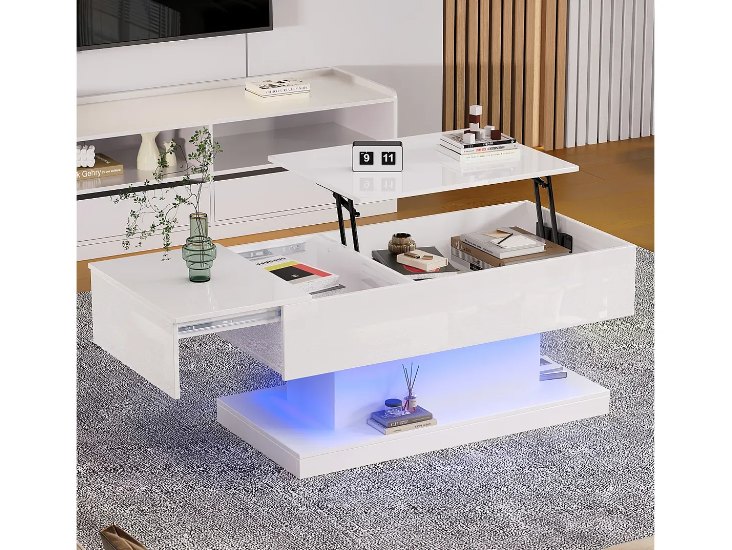 Mesa de centro com tampo elevatório, acabamento brilhante, iluminação LED e espaço de arrumação - Branco