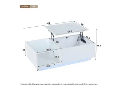 Mesa de centro com tampo elevatório e LED, arrumação integrada, em lacado branco brilhante