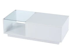 Mesa de centro com tampo elevatório e LED, arrumação integrada, em lacado branco brilhante