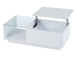 Mesa de centro com tampo elevatório e LED, arrumação integrada, em lacado branco brilhante