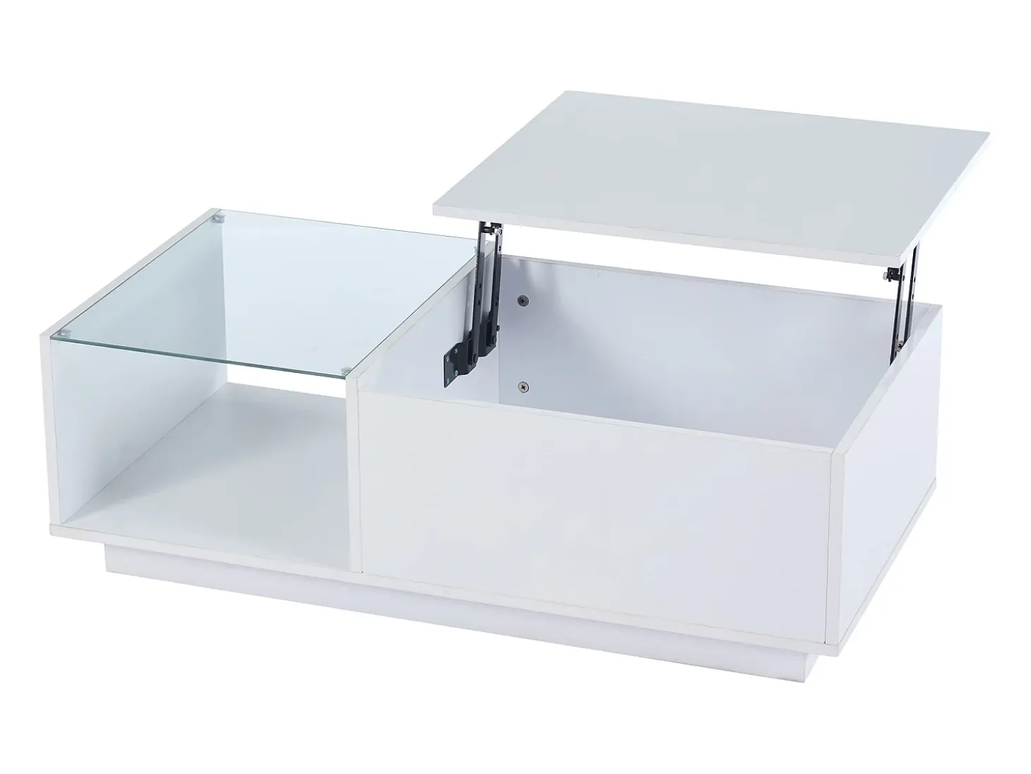 Mesa de centro com tampo elevatório e LED, arrumação integrada, em lacado branco brilhante