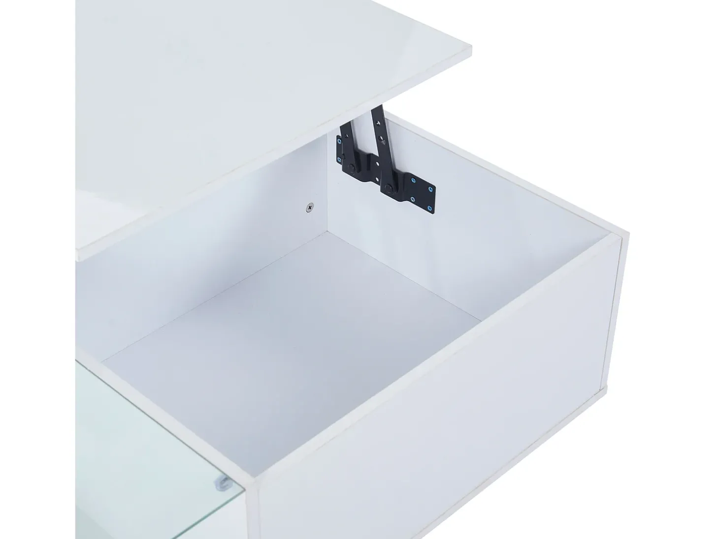 Mesa de centro com tampo elevatório e LED, arrumação integrada, em lacado branco brilhante