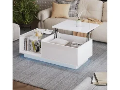 Mesa de centro com tampo elevatório e LED, arrumação integrada, em lacado branco brilhante