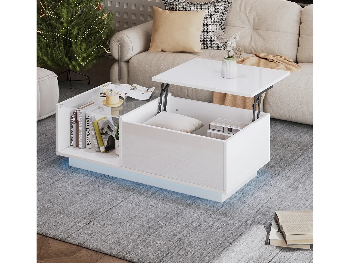 Mesa de centro com tampo elevatório e LED, arrumação integrada, em lacado branco brilhante