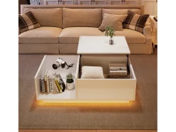 Mesa de centro com tampo elevatório e LED, arrumação integrada, em lacado branco brilhante