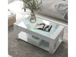 Mesa de centro com tampo de vidro - 100 x 50 x 40 cm - com gaveta e espaço de armazenamento - aglomerado - branca