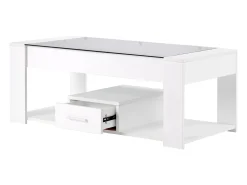 Mesa de centro com tampo de vidro - 100 x 50 x 40 cm - com gaveta e espaço de armazenamento - aglomerado - branca