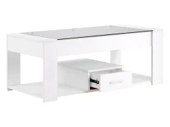 Mesa de centro com tampo de vidro - 100 x 50 x 40 cm - com gaveta e espaço de armazenamento - aglomerado - branca