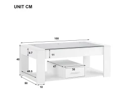 Mesa de centro com tampo de vidro - 100 x 50 x 40 cm - com gaveta e espaço de armazenamento - aglomerado - branca