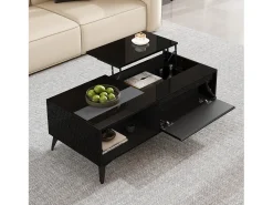 Mesa de centro com tampo elevável e acabamento brilhante - 110 x 50 x 48 cm - com prateleira e porta - aglomerado - preta