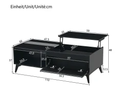 Mesa de centro com tampo elevável e acabamento brilhante - 110 x 50 x 48 cm - com prateleira e porta - aglomerado - preta
