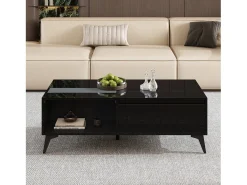 Mesa de centro com tampo elevável e acabamento brilhante - 110 x 50 x 48 cm - com prateleira e porta - aglomerado - preta