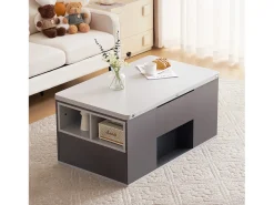 Mesa de centro com tampo elevatório - 100 x 51 x 47 cm - tampo que abre em 2 seções + gavetas + portas - aglomerado - cinza
