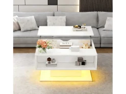 Mesa de centro com tampo elevatório - 80 x 75 x 40 cm - elevação hidráulica - com espaço de armazenamento + LEDs - aglomerado - branca