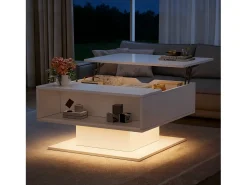 Mesa de centro com tampo elevatório - 80 x 75 x 40 cm - elevação hidráulica - com espaço de armazenamento + LEDs - aglomerado - branca
