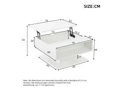 Mesa de centro com tampo elevatório - 80 x 75 x 40 cm - elevação hidráulica - com espaço de armazenamento + LEDs - aglomerado - branca