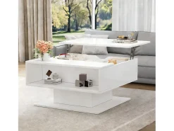 Mesa de centro com tampo elevatório - 80 x 75 x 40 cm - elevação hidráulica - com espaço de armazenamento + LEDs - aglomerado - branca