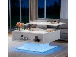 Mesa de centro com tampo elevatório - 80 x 75 x 40 cm - elevação hidráulica - com espaço de armazenamento + LEDs - aglomerado - branca