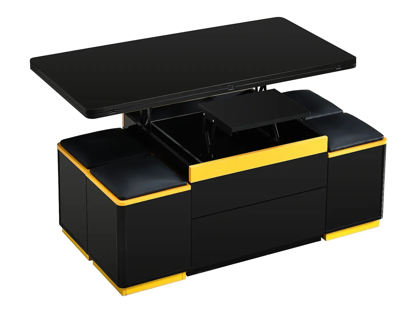 Mesa de centro com tampo elevável, 2 gavetas e 4 bancos com espaço para arrumação - Acabamento brilhante - Preto e amarelo
