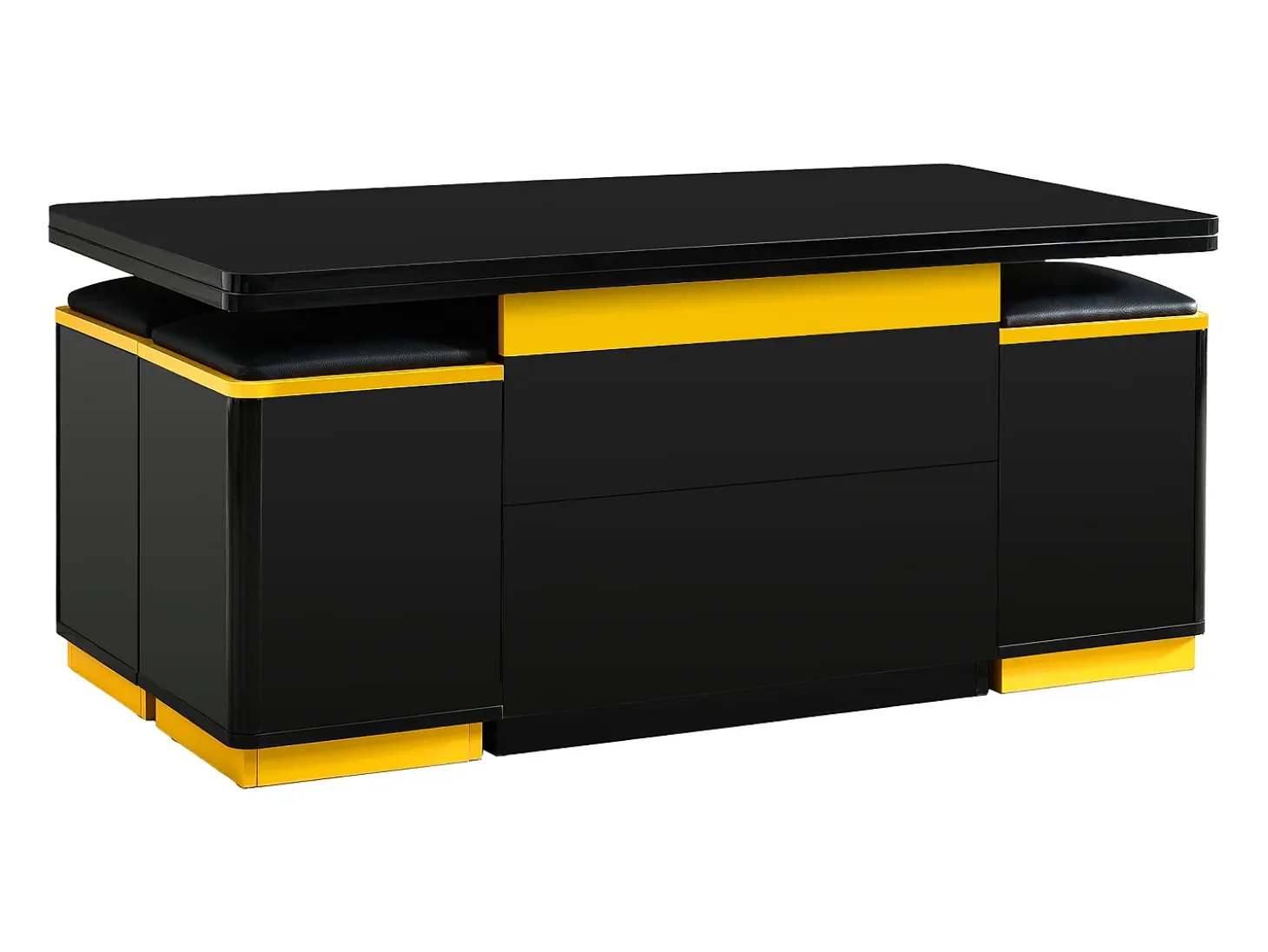 Mesa de centro com tampo elevável, 2 gavetas e 4 bancos com espaço para arrumação - Acabamento brilhante - Preto e amarelo