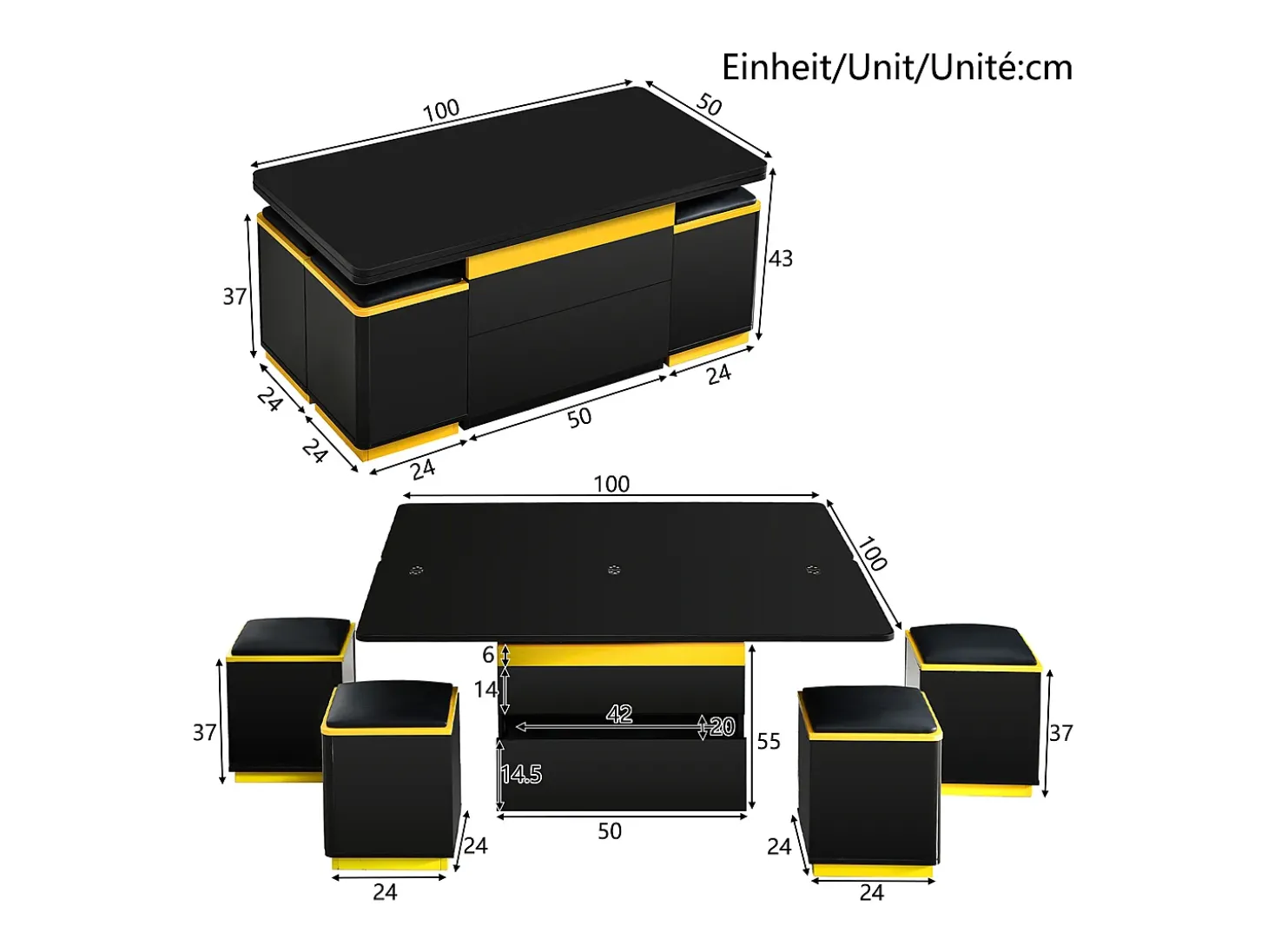 Mesa de centro com tampo elevável, 2 gavetas e 4 bancos com espaço para arrumação - Acabamento brilhante - Preto e amarelo