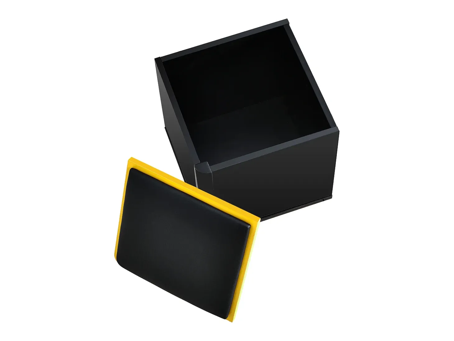 Mesa de centro com tampo elevável, 2 gavetas e 4 bancos com espaço para arrumação - Acabamento brilhante - Preto e amarelo