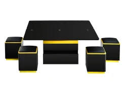 Mesa de centro com tampo elevável, 2 gavetas e 4 bancos com espaço para arrumação - Acabamento brilhante - Preto e amarelo