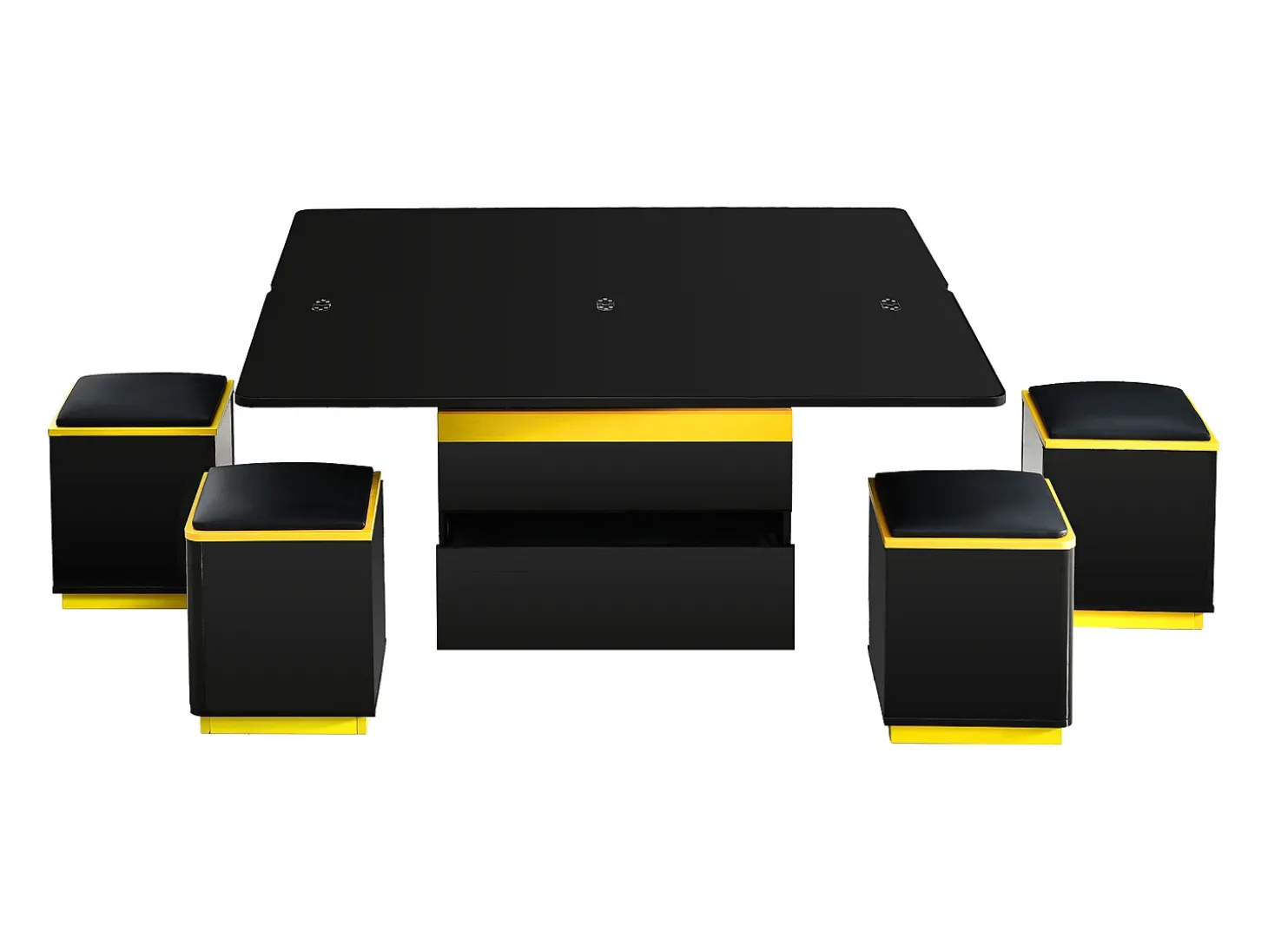 Mesa de centro com tampo elevável, 2 gavetas e 4 bancos com espaço para arrumação - Acabamento brilhante - Preto e amarelo