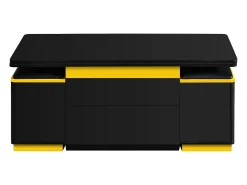 Mesa de centro com tampo elevável, 2 gavetas e 4 bancos com espaço para arrumação - Acabamento brilhante - Preto e amarelo