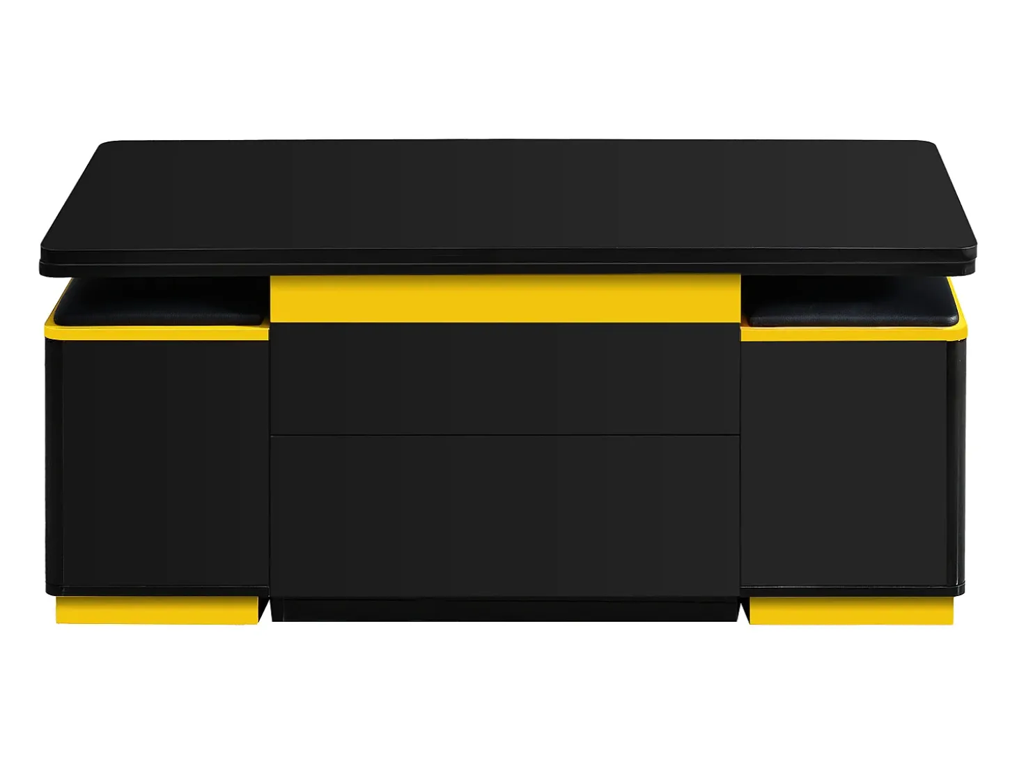Mesa de centro com tampo elevável, 2 gavetas e 4 bancos com espaço para arrumação - Acabamento brilhante - Preto e amarelo