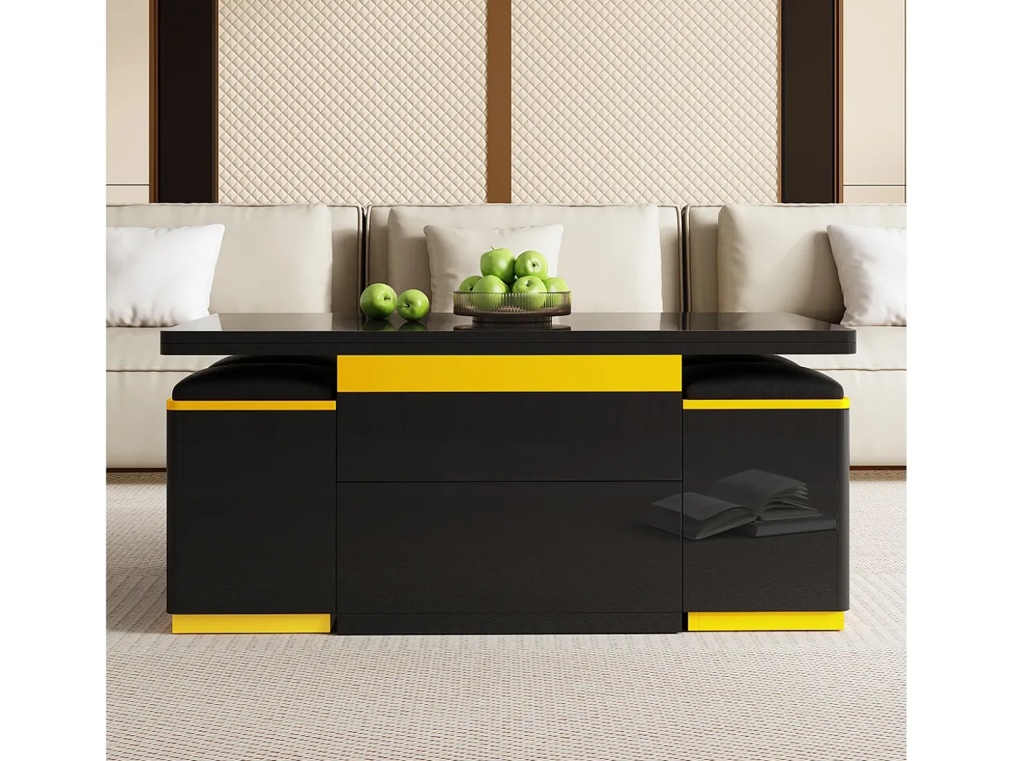 Mesa de centro com tampo elevável, 2 gavetas e 4 bancos com espaço para arrumação - Acabamento brilhante - Preto e amarelo