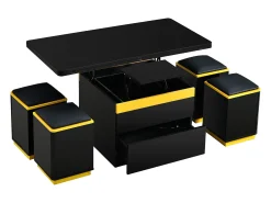 Mesa de centro com tampo elevável, 2 gavetas e 4 bancos com espaço para arrumação - Acabamento brilhante - Preto e amarelo