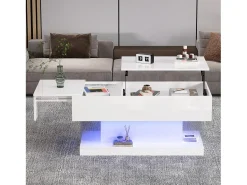 Mesa de centro com tampo elevatório - 100 x 50 x 45 cm - LEDs - Aglomerado e metal - Branco brilhante