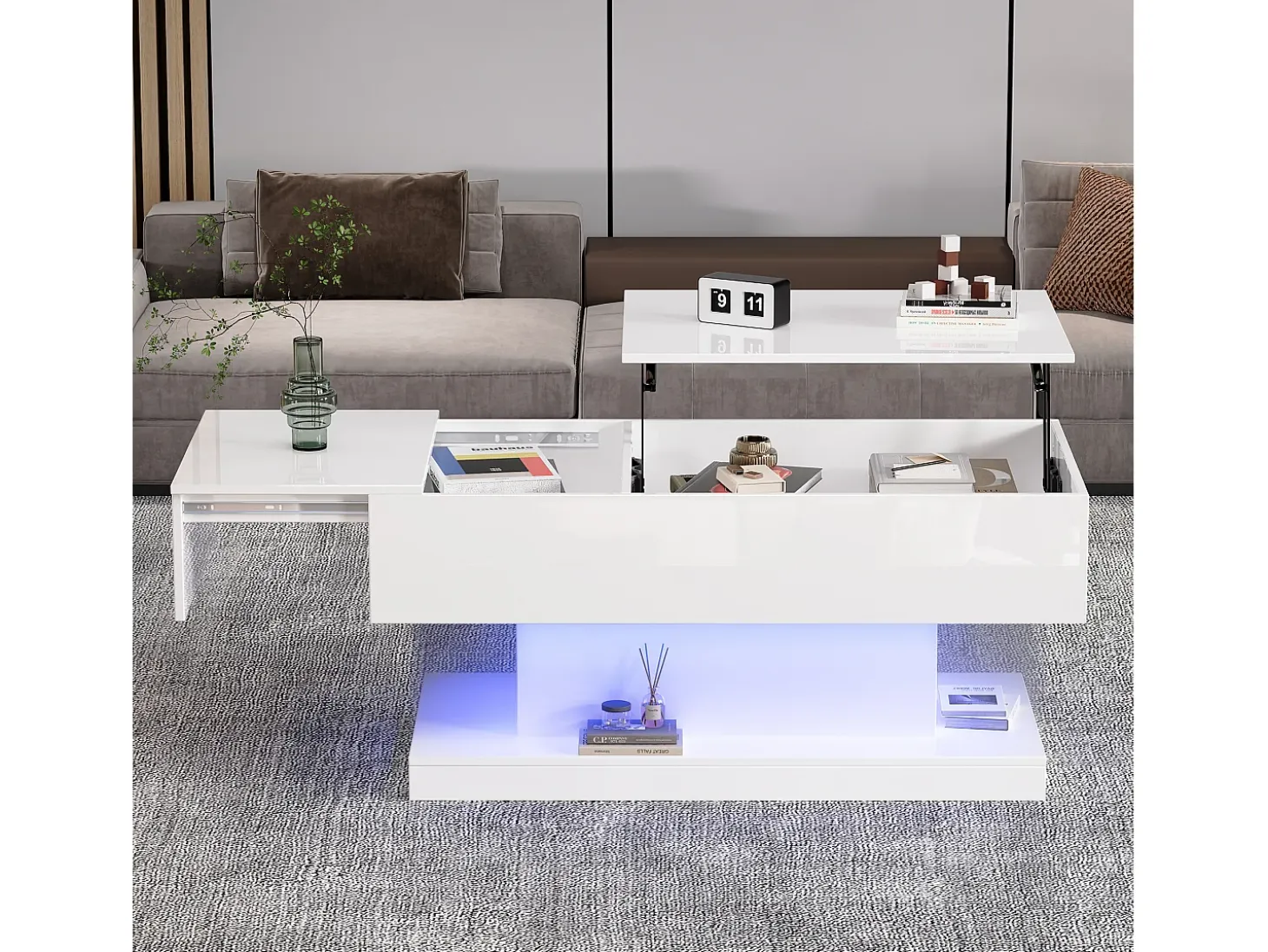 Mesa de centro com tampo elevatório - 100 x 50 x 45 cm - LEDs - Aglomerado e metal - Branco brilhante