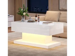 Mesa de centro com tampo elevatório - 100 x 50 x 45 cm - LEDs - Aglomerado e metal - Branco brilhante