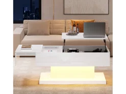 Mesa de centro com tampo elevatório - 100 x 50 x 45 cm - LEDs - Aglomerado e metal - Branco brilhante