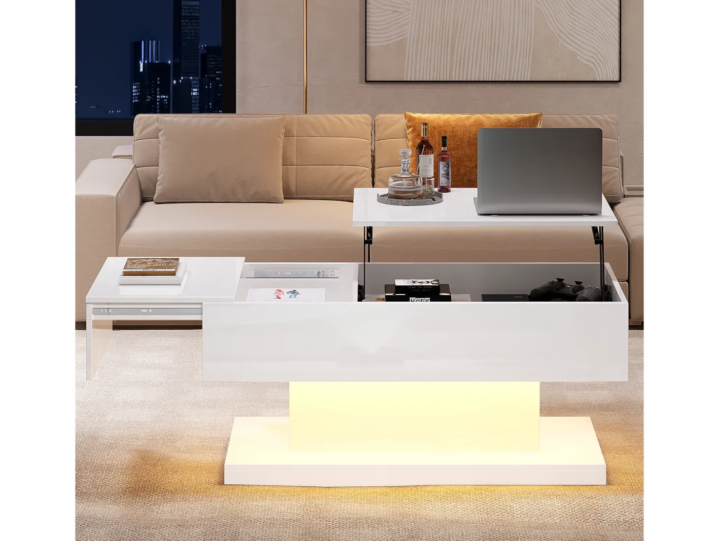 Mesa de centro com tampo elevatório - 100 x 50 x 45 cm - LEDs - Aglomerado e metal - Branco brilhante