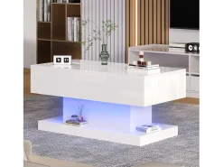 Mesa de centro com tampo elevatório - 100 x 50 x 45 cm - LEDs - Aglomerado e metal - Branco brilhante