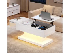 Mesa de centro com tampo elevatório - 100 x 50 x 45 cm - LEDs - Aglomerado e metal - Branco brilhante