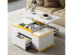 Mesa de centro com tampo elevável e acabamento brilhante - 100 x 50 x 43 cm - móvel dobrável para sala de estar com gavetas - MDF e aglomerado - branca