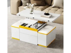 Mesa de centro com tampo elevável e acabamento brilhante - 100 x 50 x 43 cm - móvel dobrável para sala de estar com gavetas - MDF e aglomerado - branca