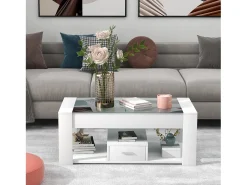 Mesa de centro com uma gaveta - tampo em vidro - Branco