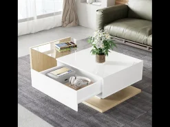 Mesa de centro com uma gaveta e prateleiras - LEDs - 105x55x32,5cm - Aglomerado - Branco brilhante e madeira