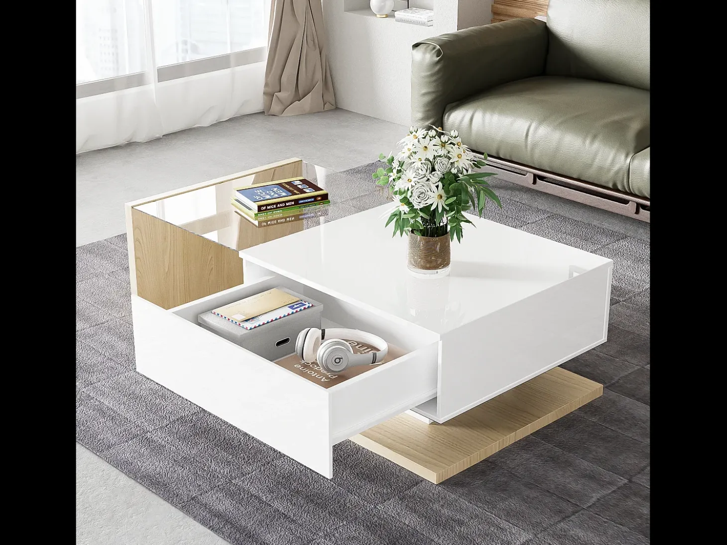 Mesa de centro com uma gaveta e prateleiras - LEDs - 105x55x32,5cm - Aglomerado - Branco brilhante e madeira