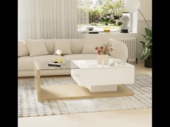 Mesa de centro com uma gaveta e prateleiras - LEDs - 105x55x32,5cm - Aglomerado - Branco brilhante e madeira