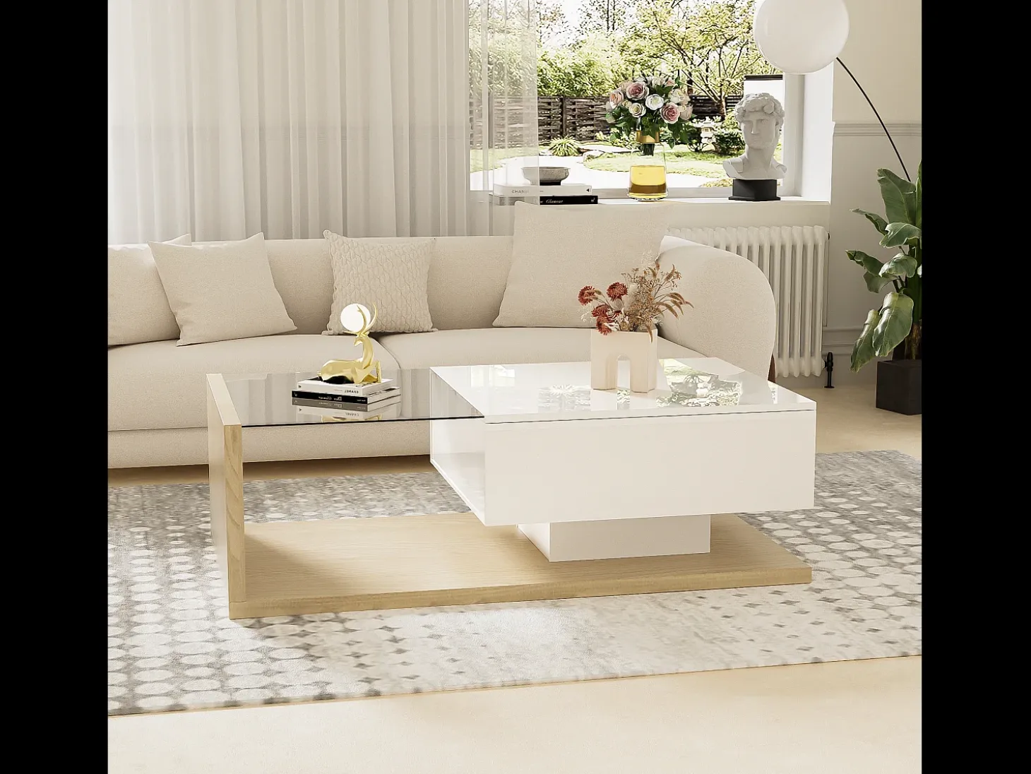 Mesa de centro com uma gaveta e prateleiras - LEDs - 105x55x32,5cm - Aglomerado - Branco brilhante e madeira