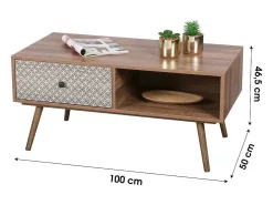 Mesa de centro com uma gaveta de estilo étnico, dimensões 100x50x47cm.