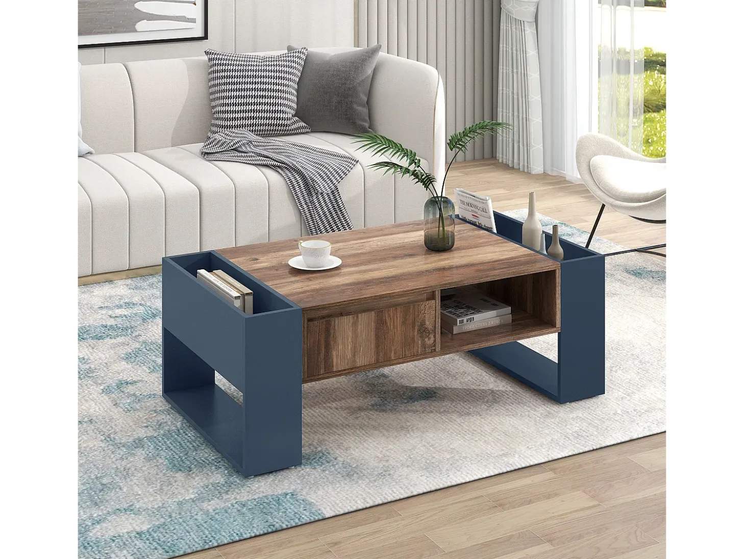 Mesa de centro com uma gaveta - estilo industrial - Castanho e Preto