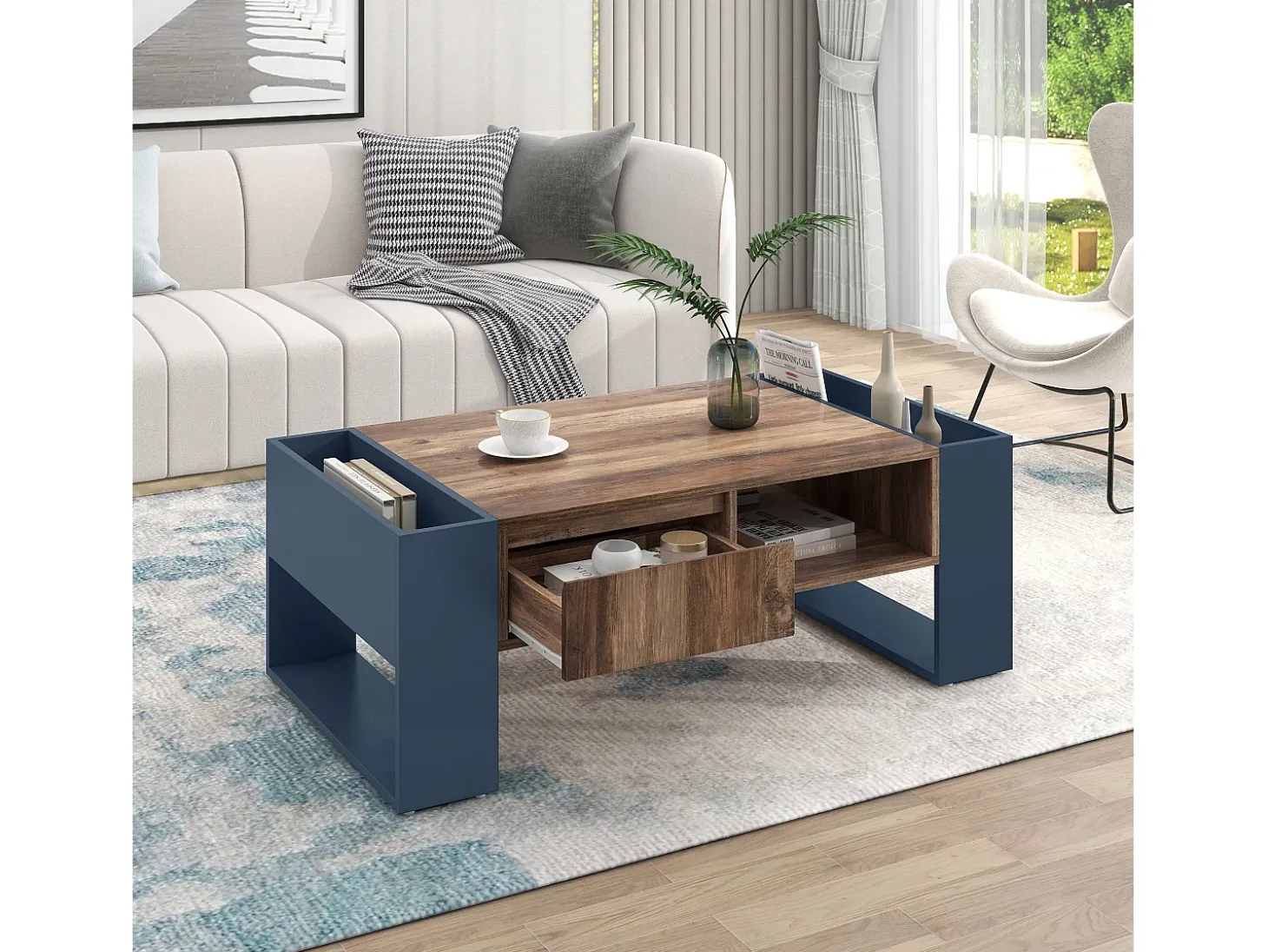 Mesa de centro com uma gaveta - estilo industrial - Castanho e Preto